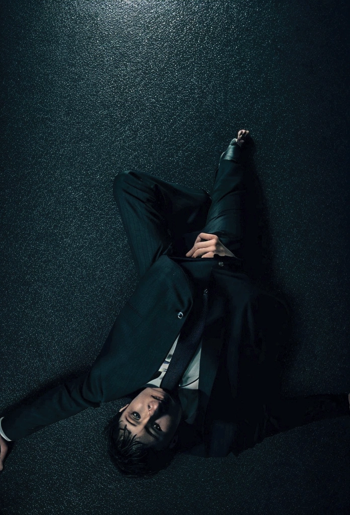 Picture a man in a suit lying on the floor in the dark like a horror movie