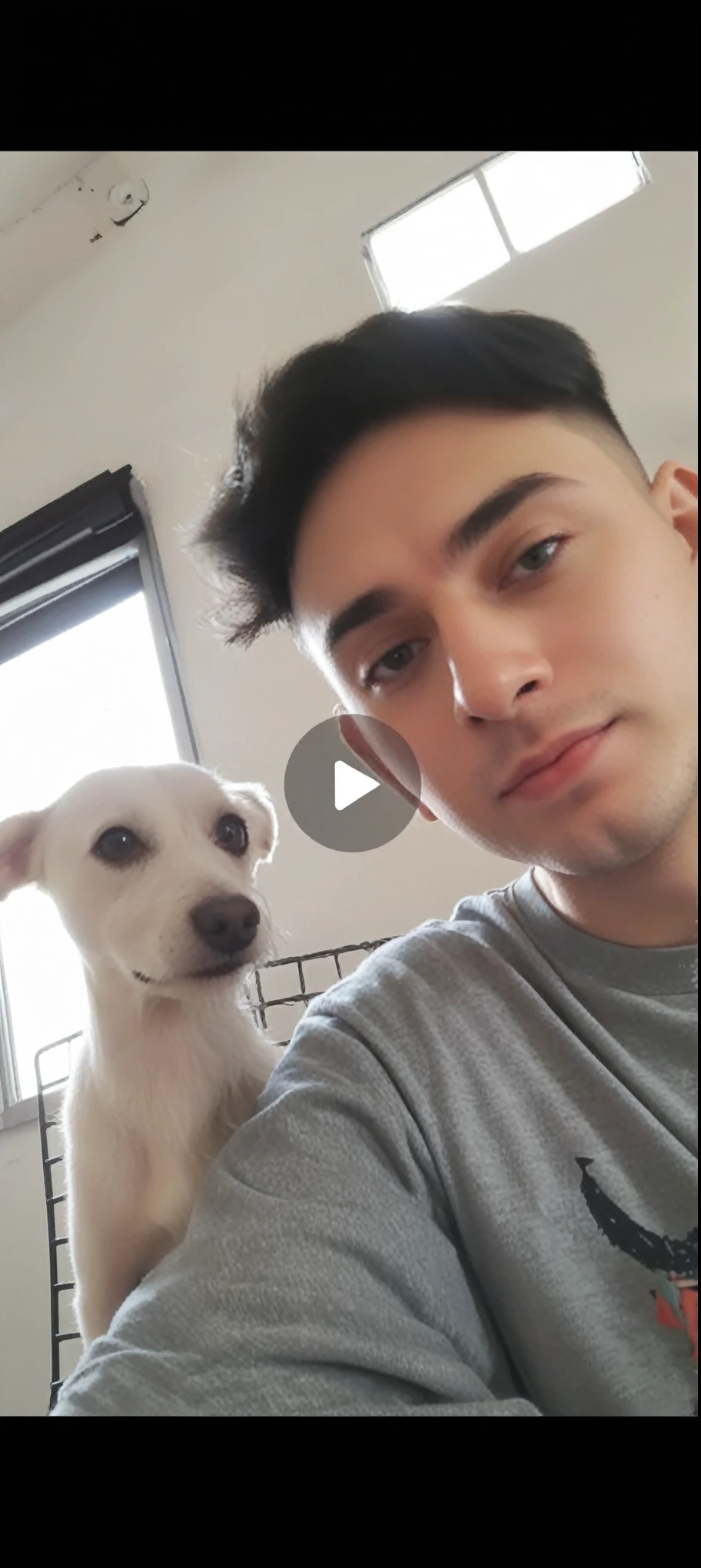 Arafed man taking a selfie with a dog in a room., with his hyperactive dog, tik tok videos, dog selfie, cute furry needs your help, borja, screenshot of youtube video, low quality video, H3H3, with beautiful loving eyes, oooh, beautiful face and beautiful face, beautiful face, is looking at the camera