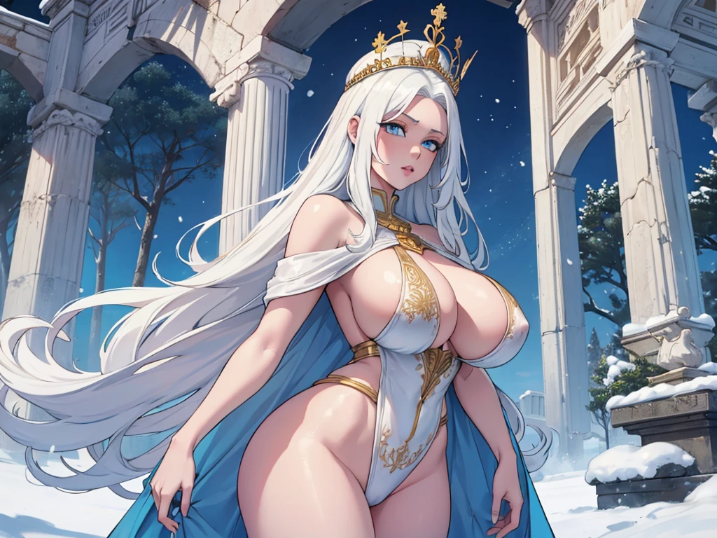 albino woman with very long hair, White skin, blue eyes, seductive look, big tits, giant breasts, milf, with tight-fitting white clothing with gold details, very sexy, very huge tits, olive branches around, gold and blue tiara on her head, in sexy and sensual pose, albino by the wide, by white, by albino, big blue eyes, in ancient rome, snow around, snowflakes, roman monuments
