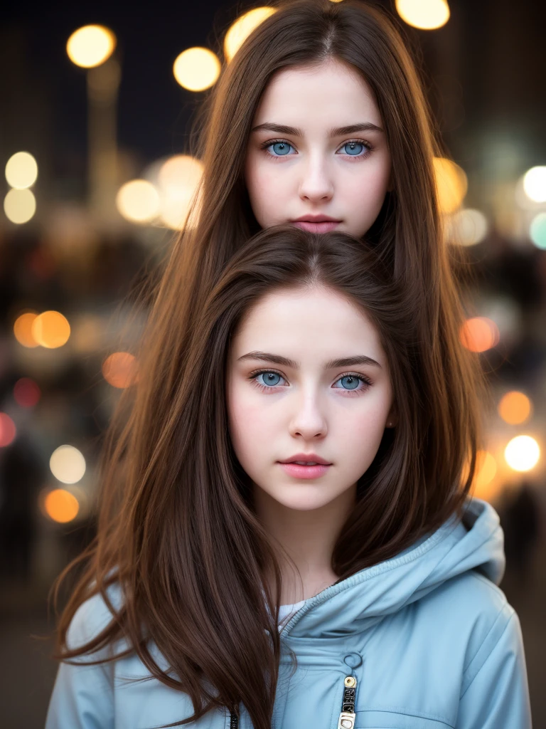 Close up of a teenage girl, pale or pale skin, red cheeks, light blue eyes, long light brown hair, in a city at night, with lights, black coat, beautiful, radiant skin, 4k, nariz delgada respingada, y labios gruesos, cara .