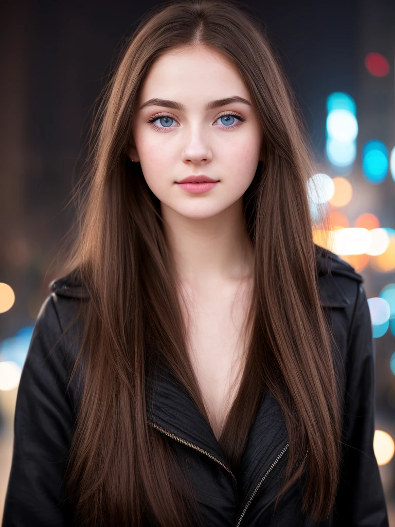 Close up of a teenage girl, pale or pale skin, red cheeks, light blue eyes, long light brown hair, in a city at night, with lights, black coat, beautiful, radiant skin, 4k, nariz delgada respingada, y labios gruesos, cara sexy.