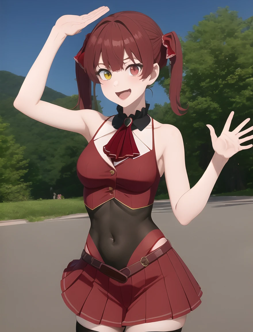 masterpiece, best quality, highres, bbmarine, twintails, heterochromia, red ascot, bare shoulders, red shirt, bare arms, sleeveless, see-through, (leotard under clothes:1.2), covered navel, belt, pleated skirt, red skirt, black thighhighs, smile, waving, open mouth, outdoors