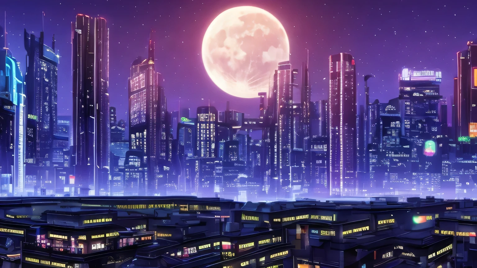 a futuristic punk city with a lot of buildings and neon lights, a train crossing the city with neon lights, the moon is in the sky and there are a lot of stars and constelations