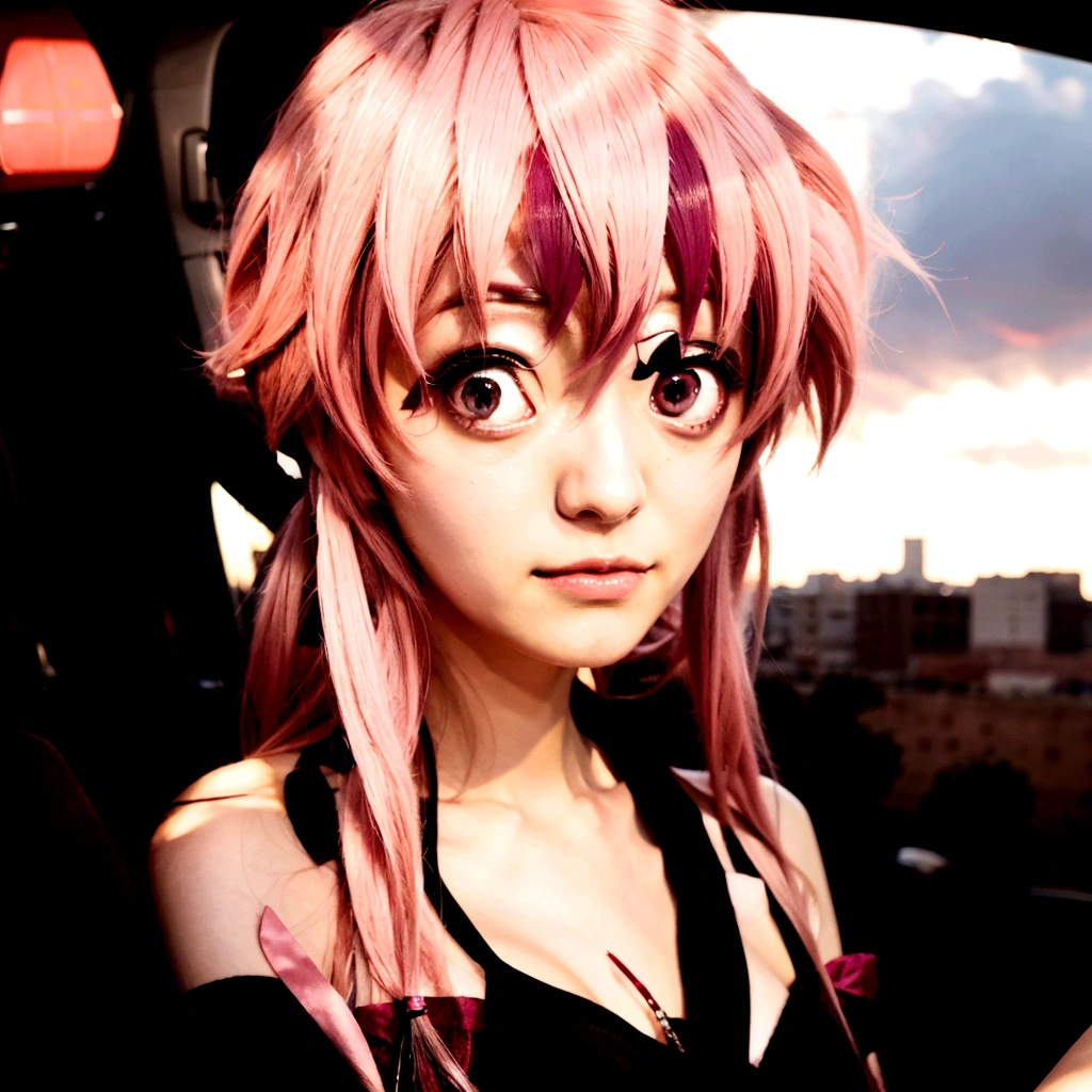 anime girl with pink hair sitting in a car looking at a man, mirai nikki, in the anime film, gasai yuno from mirai nikki, anime girl named gasai yuno from mirai nikki, seductive anime girl, gapmoe yandere, anime style like mirai nikki, an anime girl, female anime character, gasai yuno, gasai yuno, gasai yuno from mirai nikki as an anime character, gasai yumo