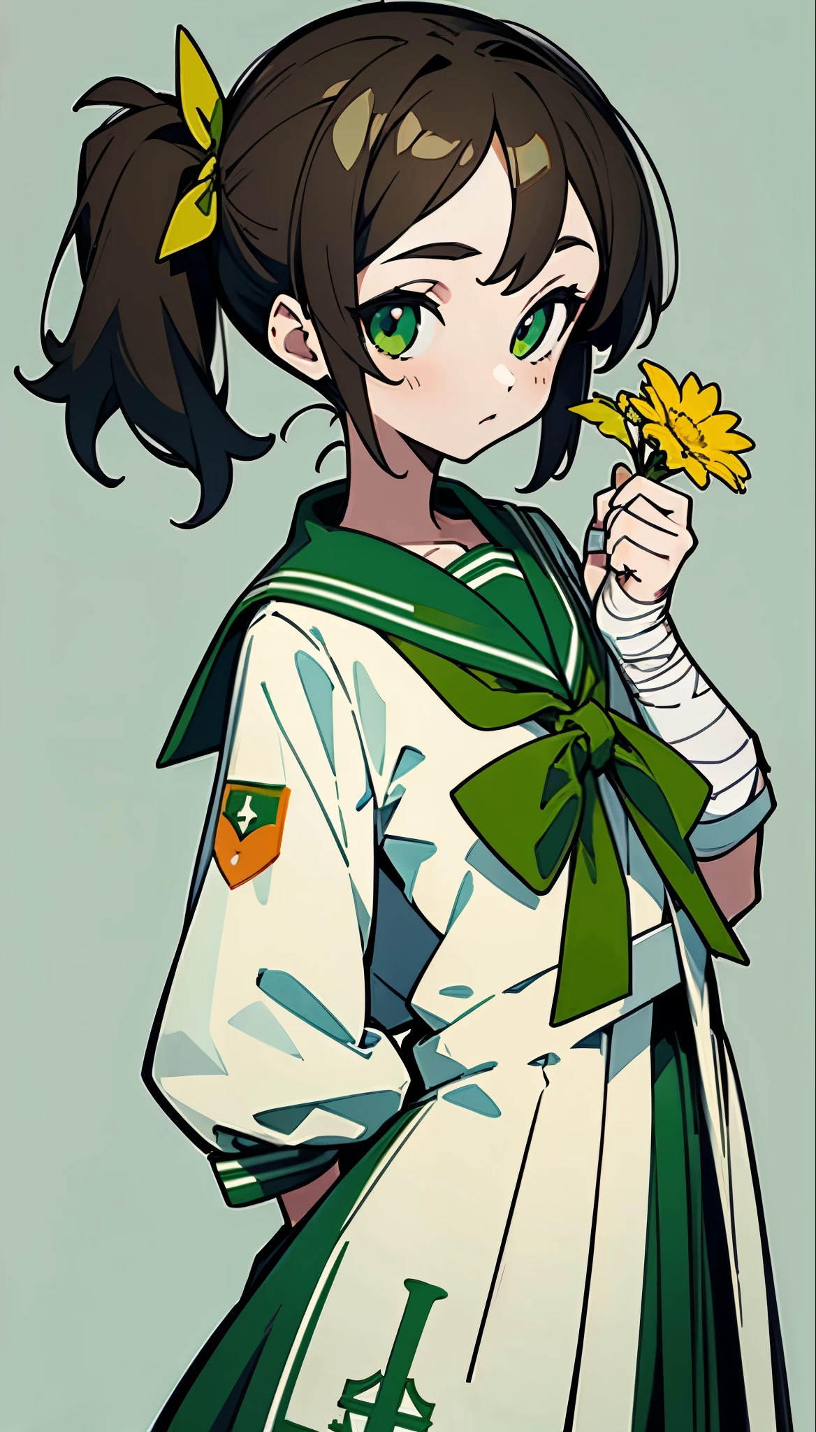 1 Girl，Brown side ponytail，Green eyes，bow tie，Sailor Suit，Hold a small flower in your hand，bandage on hands，Flat painting style，Simple background，beautiful eyes，Highest quality