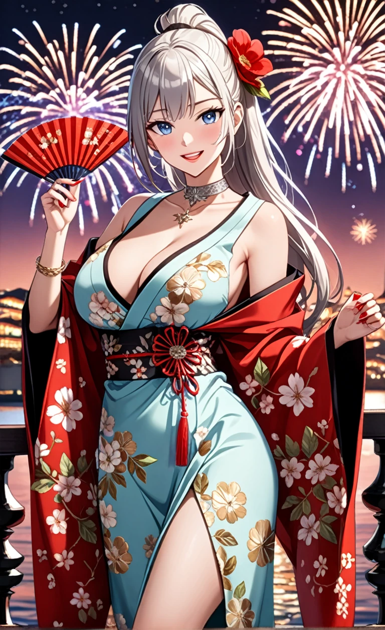 ((One personの女性)), hyper detailed, absurdres, 8K, Pretty face, Beautiful Face, (Laugh shyly), (Captivating smile:1.4), ((Wink:1.5)), ((Tilt your head:1.1)), Laugh with your mouth wide open, Upper teeth, View your viewers, ((Doing sexy poses:1.3)),((Holding a fan in one hand:1.3)), ((full-face brash:1.4)), Glossy Red Lips, ((Big Breasts:1.3)), Night Port, Sea view terrace, firework, Glossy Red Lips, (Shining Face), ((Anime style background)),masterpiece, Highest quality, so beautiful,Latest, Complex details, (long nails of red color), (nail art), (ring),(bracelet),(Floral Choker), AI-generated, Complex,High resolution, Highest quality, super high quality,3D Images、3D Images,One person,Long white hair,High Ponytail, Anime woman posing for a photo, ((Silver Eyes:1.7)), ((Fine grain、Light blue eyes、Shining Eyes:1.4)), (Squint your eyes:1.1),a hyperRealistic , hyperRealistic , Realistic,Long white hairのアニメ女性, Smooth anime CG art, (A woman in a colorful kimono with gold embroidery), ((Black kimono:1.5)), Red floral pattern,Long flower hair ornament,Floral Earrings,((black high heel sandals)),Mature Body,Tall,Abdominal muscles,Tight waist, ((full body:1.3)), (dutch angle:1.3),