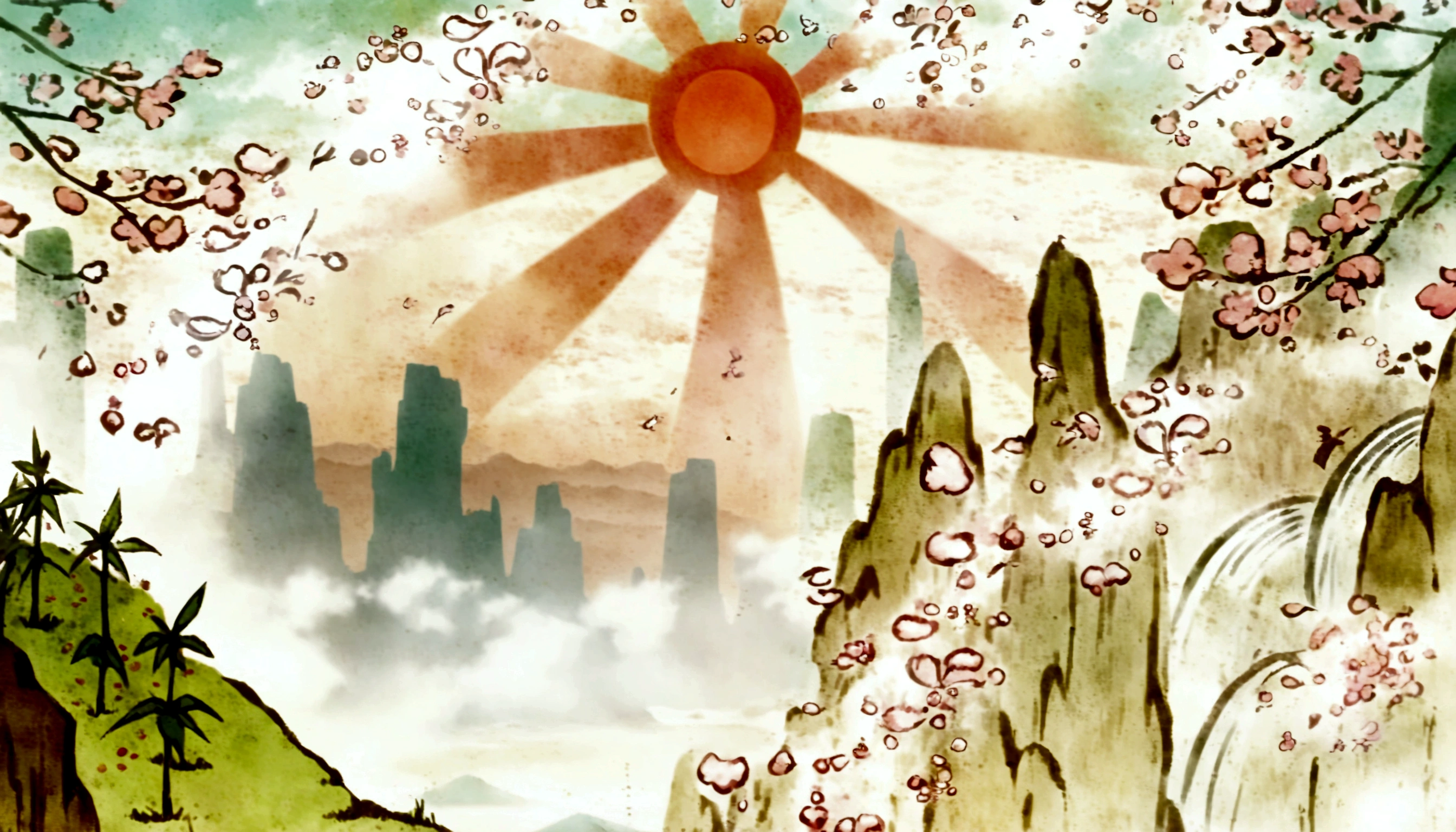 illustration of a painting of a mountain with a sun and a river, anime landscape, Sunny day background, Sunrise over Solar Punk City, anime cute peace dinner, background art de anime, rays of sunlight. Digital illustration, blurred and dreamy illustration, anime style cityscape, background art, anime scenery concept art, blurry and dreamy illustration, Sunrise over the city of Solarpunk, dreamlike sunraise