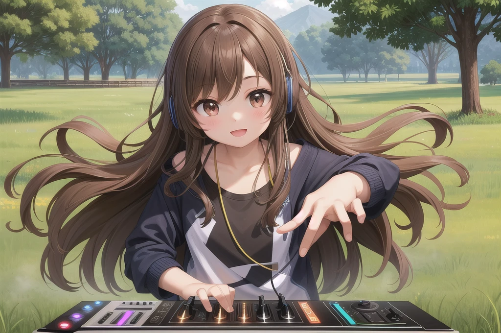 One girl, alone, 20-year-old, Brown eyes, Brown Hair, Long, beautiful wavy hair, smile, Nice casual clothes, grassland, headphone, Detailed DJ equipment, djing, masterpiece, Fine Fingers, 最high quality:1.4, high quality, detailed,
