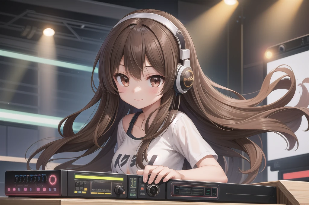One girl, alone, 20-year-old, Brown eyes, Brown Hair, Long, beautiful wavy hair, smile, Nice casual clothes, grassland, headphone, Detailed DJ equipment, djing, masterpiece, Fine Fingers, 最high quality:1.4, high quality, detailed,