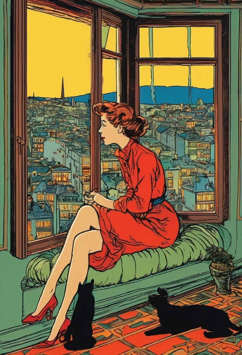 Masterpiece.Illustration by hergé) a bored gorgeous European woman. Age 23. inside her cramped San Francisco apartment with big windows overlooking the city at night. stunning color scheme.
