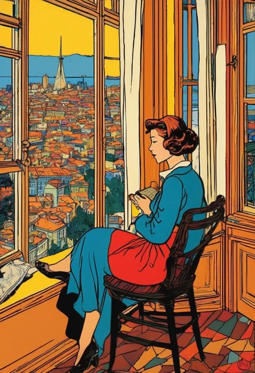 Masterpiece.Illustration by hergé) a bored gorgeous European woman. Age 23. inside her cramped San Francisco apartment with big windows overlooking the city at night. stunning color scheme.
