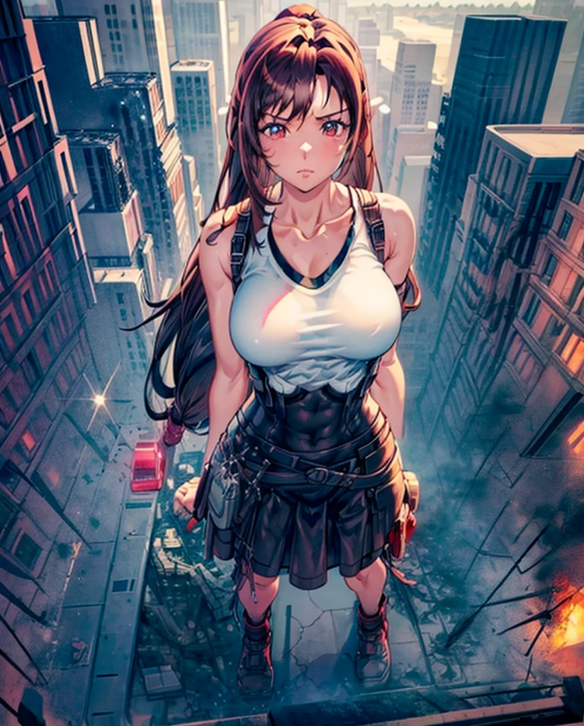 Anime Style　masterpiece　Unreal Engine　Precision　Cute Girls　giant girl　(Tifa Lockhart, bigger than a skyscraper))　((A view from the sky))
((Destroyed city in flames)) ((Fire)) ((Destroyed buildings)) ((Destroyed cars)) ((Pile of rubble))
((tifa lockhart((Final Fantasy 7))))) 
90's Giant Girl on the Road in the Big City Uniform Skirt 
((Dim cloudy sky)) Female Giant
huge girl
full body 
Destroyed skyscrapers, destroyed cars, crowd Unreal Engine,starrystarscloudcolorful,defTifa, 7rtifa, a girl, acTifa, mdTifa, sdTifa, edTifa