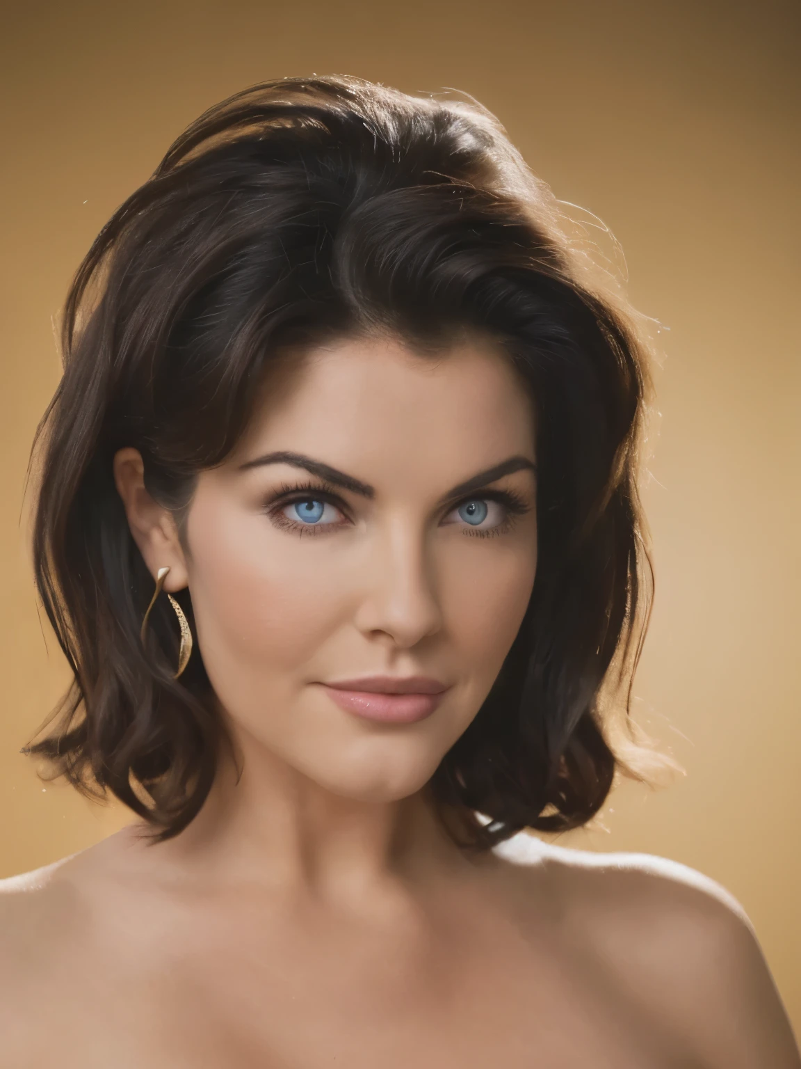 Audrey Horne (Sherilyn Fenn) from the 1990 Twin Peaks series, resemblance to the actress as in the show, thick and bouffant hair, closed bodysuit, blue eye, small fly opposite left eye, 90's, mole under eye, light smile, closed mouth, brown hair, hair behind ear, short hair, hair one side up, big hair, expressive hair, bob cut, hair spread out, floating hair, bokeh, UHD, best quality, naturally wavy hair, blue eyes, High resolution, Masterpiece, best quality, intricate details, very detailed, sharp focus, detailed skin, realistic Hauttextur, texture, Detailed Eyes, Professional, 4k, Charming Smile, shot on Canon, 85mm, shallow depth of field, Kodak Vision Color, Perfectly Seated Body, extremely detailed, Photo_\(ultra\), foto-realistic, realistic, Post-processing, maximum detail, roughness, real life, ultra-realistic, Photorealismus, Photografie, Photografie, 8k, Photografie