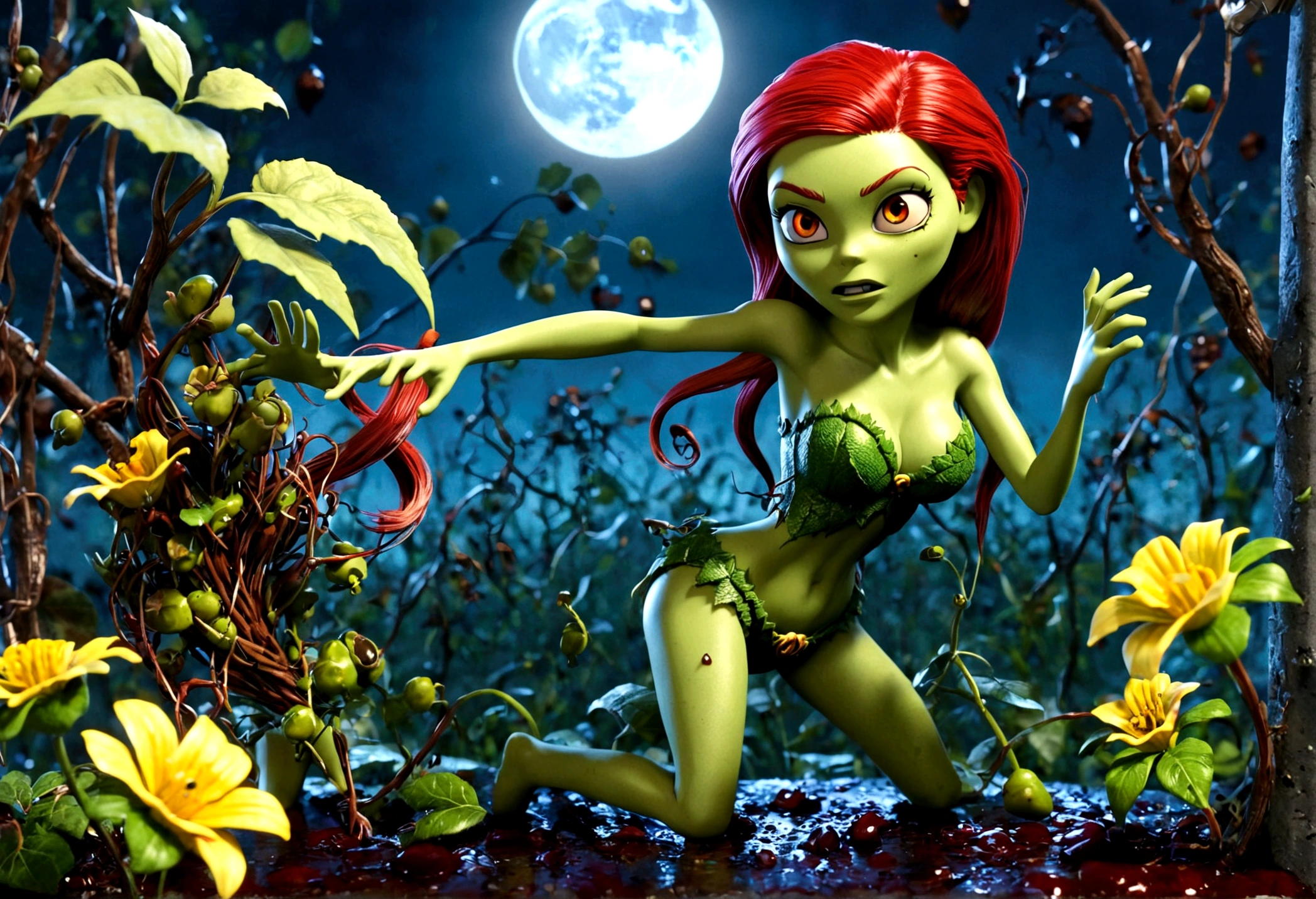 DC character 'poison ivy' has animated plant (thorn,vine,flower) beasts to demolish a horde of zombie (rotten people) emerging from a swap, moonlit swamp, show the epic battle of plants vs. zombies
