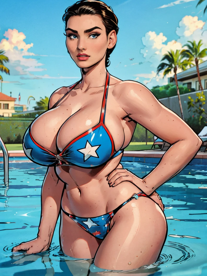 Gorgeous and sultry busty athletic (thin) brunette with sharp facial features and a (slicked-back hair) and (huge boobs) wearing a star-spangled bikini, Americana, swimming pool.