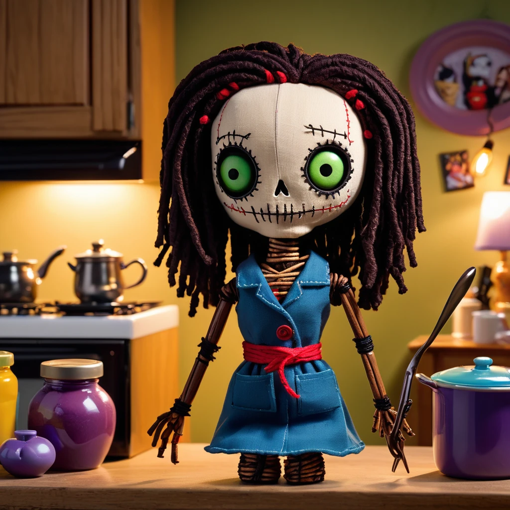 (crocheted voodoo doll:1.4), (voodoo Monica Geller from Friends:1.3), (Clothing: immaculate 90s attire, tailored and clean:1.0), (Accessories: enchanted cleaning products:1.1), (Background: immaculate Friends apartment kitchen with pots and pans, glowing fridge magnets, and a sense of organized perfection:1.2), best quality, masterpiece, detailed soft oil painting, detailed background, dramatic cinematic lighting, soft edge lighting, professional, dramatic lighting, hard edge lighting, ultra quality, 4k,masterpiece, best quality, 8k, ultra highres, highres, extremely detailed