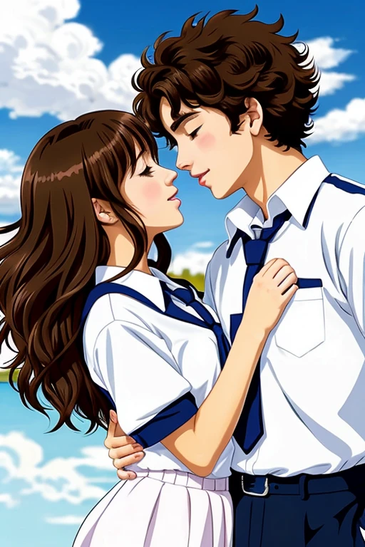 Anime of an attractive boy kissing a curly-haired girl in a college uniform ANIME