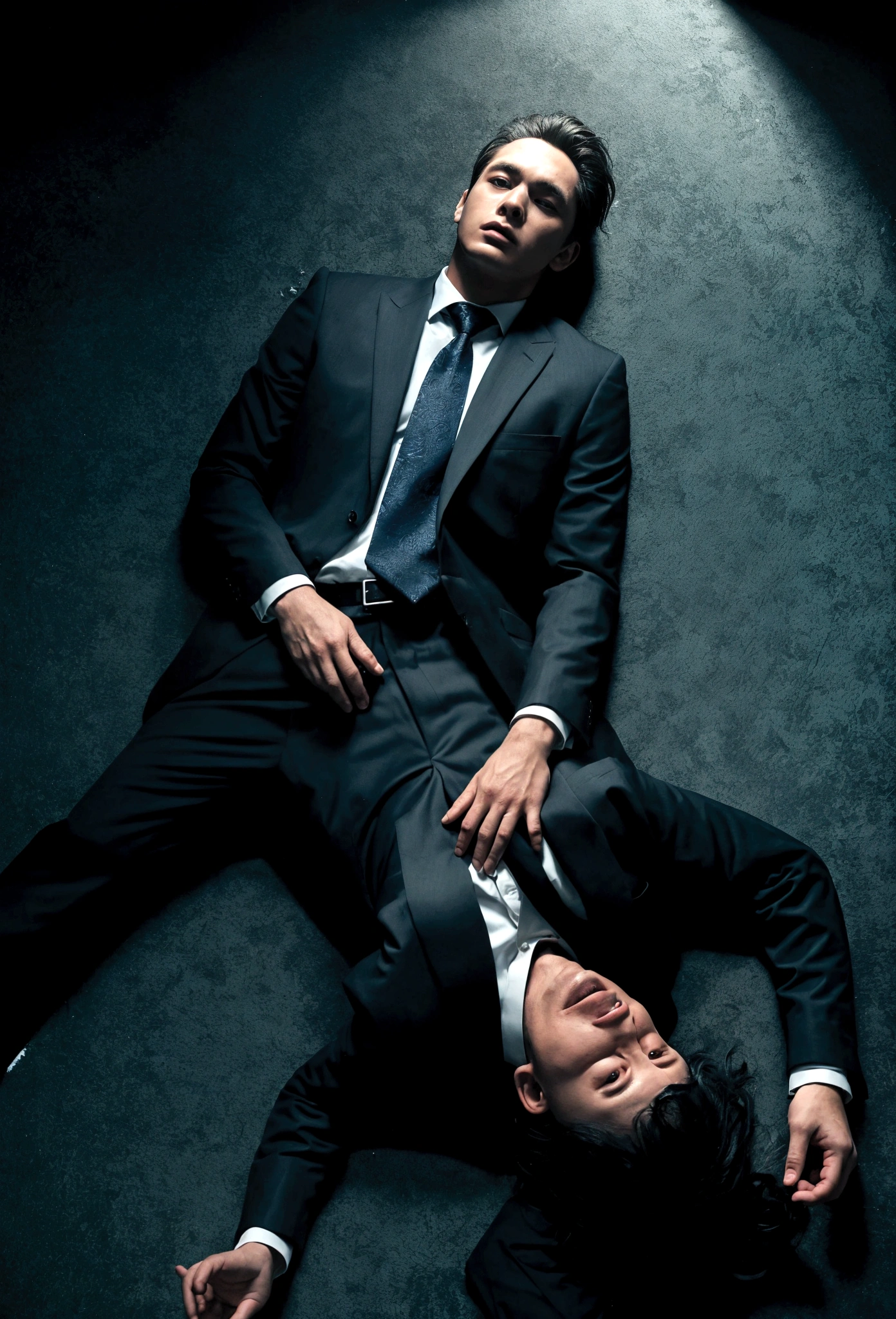 Picture a man in a suit lying on the floor in the dark like a horror movie