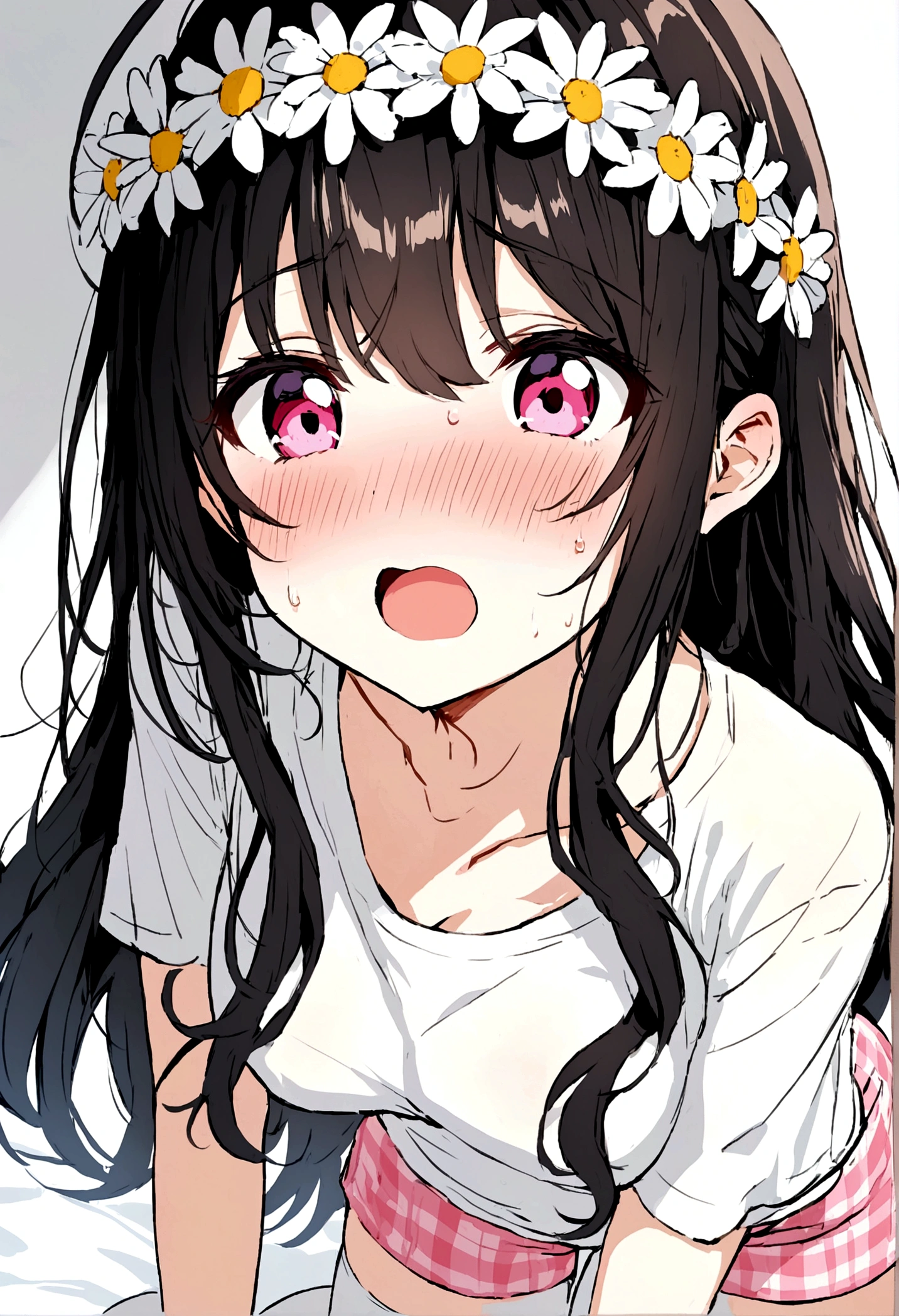 anime girl with long hair in a gradient color from light blue to light pink. and wearing a daisy crown. her face is very cute like a with pink eyes. she wears a white shirt with a pink ribbon on the top of her shirt and she wears pink plaid shorts and wears white stockings. her face is so sexy, her skin is FFFCD which is buttermilk. shes having sex with an anime guy with messy black hair wearing a black suit and her face is blushing.