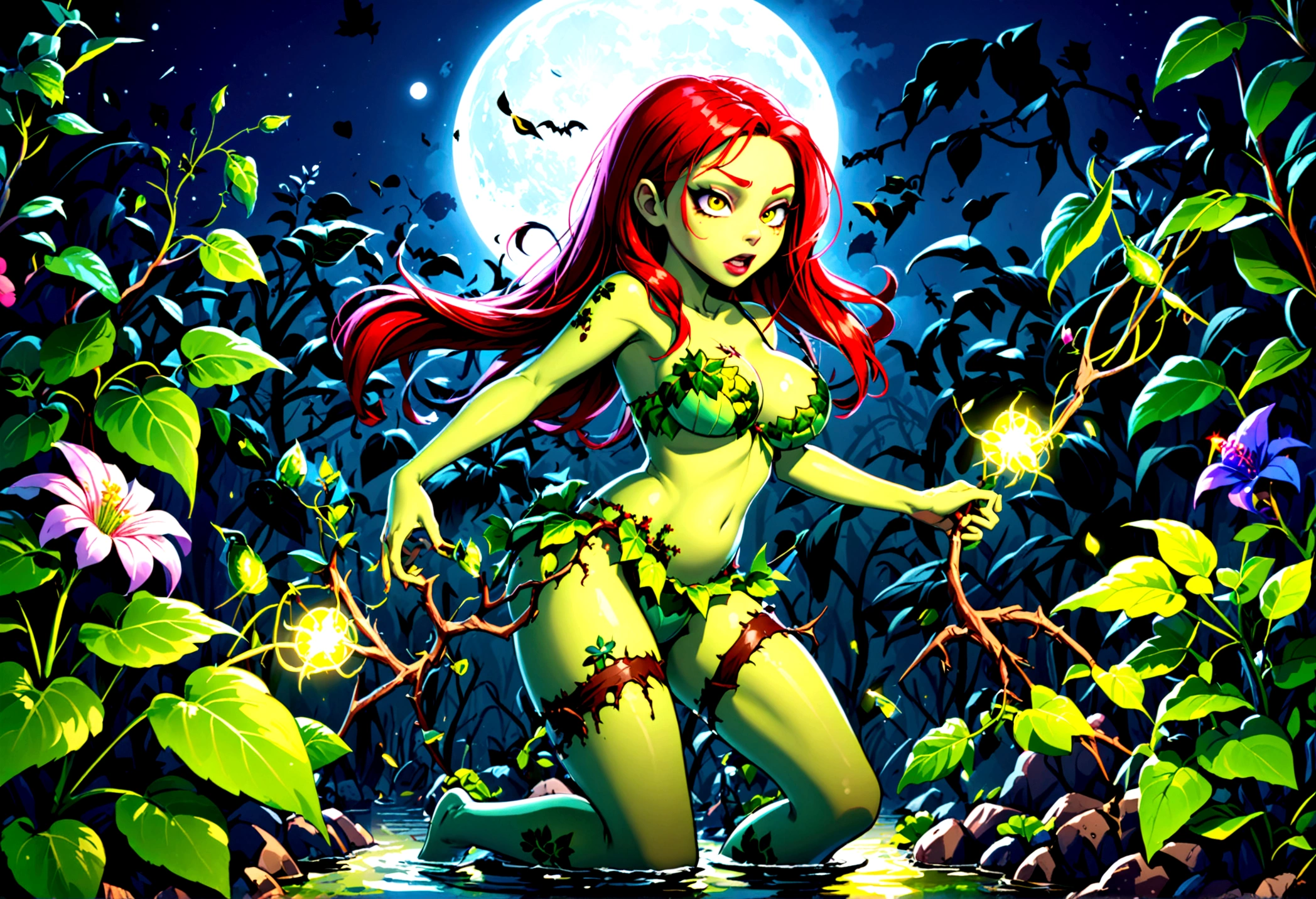 DC character 'poison ivy' has animated plant (thorn,vine,flower) beasts to demolish a horde of zombie (rotten people) emerging from a swap, moonlit swamp, show the epic battle of plants vs. zombies