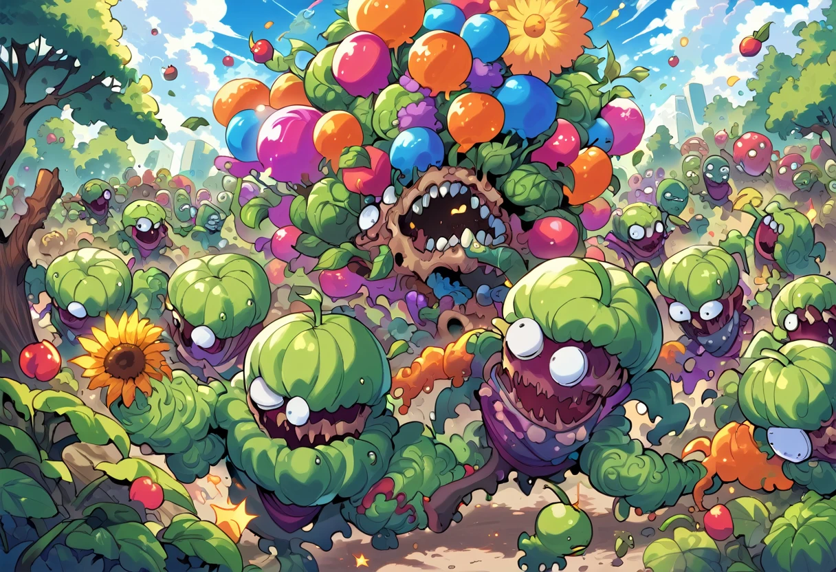 Plants vs. Zombies, A scene where Sunflower, Peashooter, and Cherry Bomb fight an army of zombies in the garden on a sunny day. Colorful and bright colors decorate the garden, and the texture of plant leaves, torn zombie costumes, and cherry bomb explosion effects are detailed. Includes cabbages from Cabbage Porto flying through the air ,((Masterpiece)), ((Best Quality)), (Very Detailed), ((Very Detailed)), 4K, (8K), very aesthetic, absurdres highres,