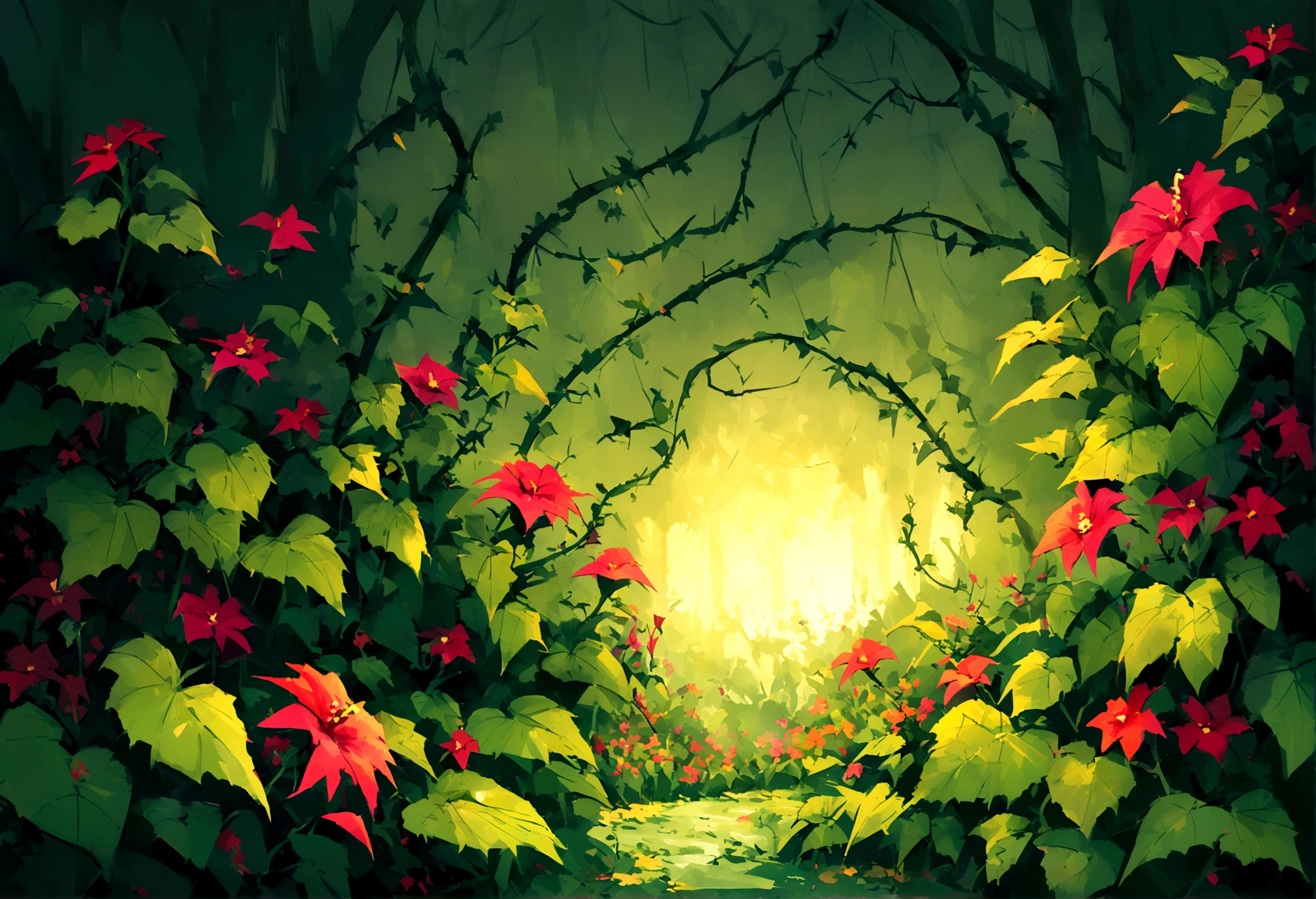 DC character 'poison ivy' has animated plant (thorn,vine,flower) beasts to demolish a horde of zombie (rotten people) emerging from a swap, moonlit swamp, show the epic battle of plants vs. zombies