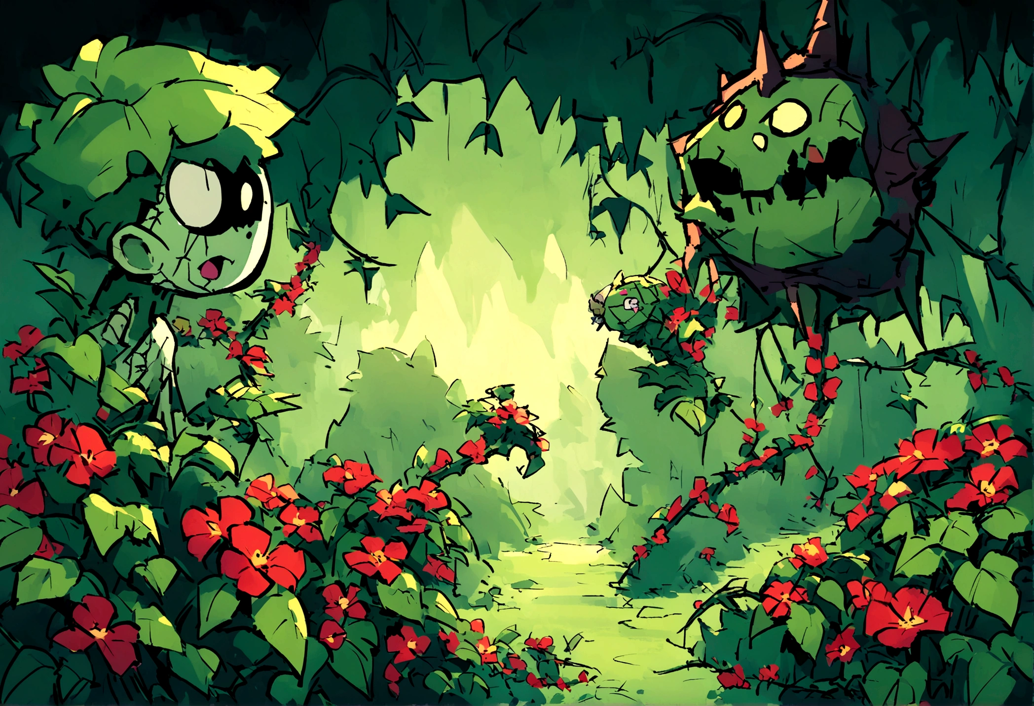 DC character 'poison ivy' has animated plant (thorn,vine,flower) beasts to demolish a horde of zombie (rotten people) emerging from a swap, moonlit swamp, show the epic battle of plants vs. zombies