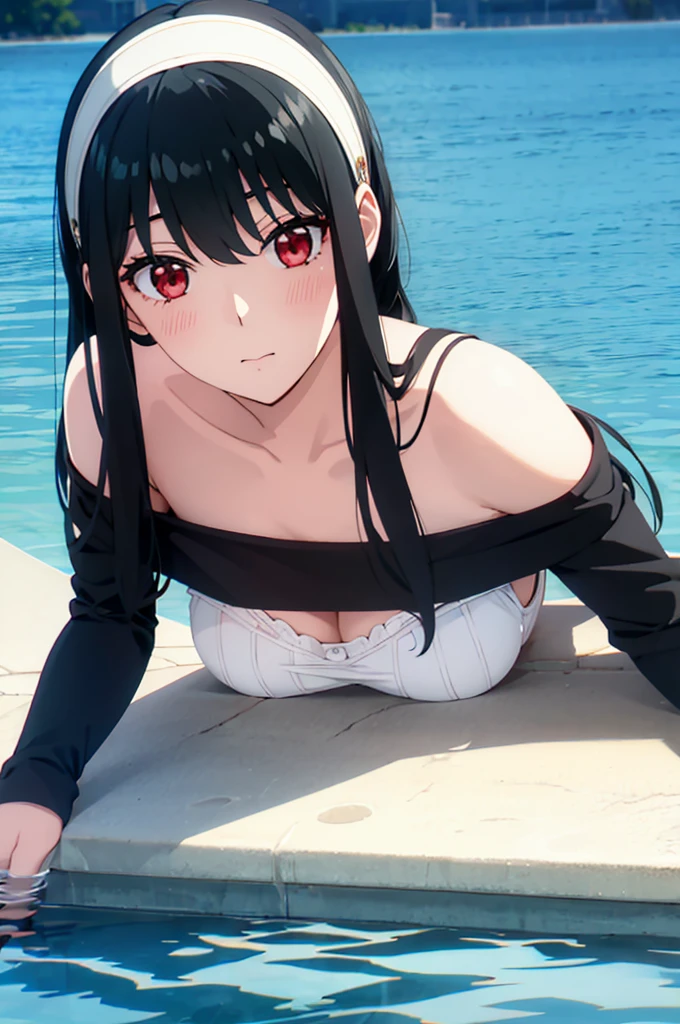 White hair band、Red eyes、Black Hair、Yor Briar、water surface、Lying face down facing the camera、One Girl、water surfaceで寝そべっている、Gravure pose while lying face down