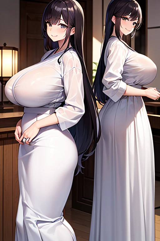 nsfw, masterpiece, extra limbs, 1japanese house wife, 38 years old, black extra long hair, huge breasts plump beautiful breasts, (((smile))), (((clothed white blouse,buck long skirt))),wedding ring, standing breast hold