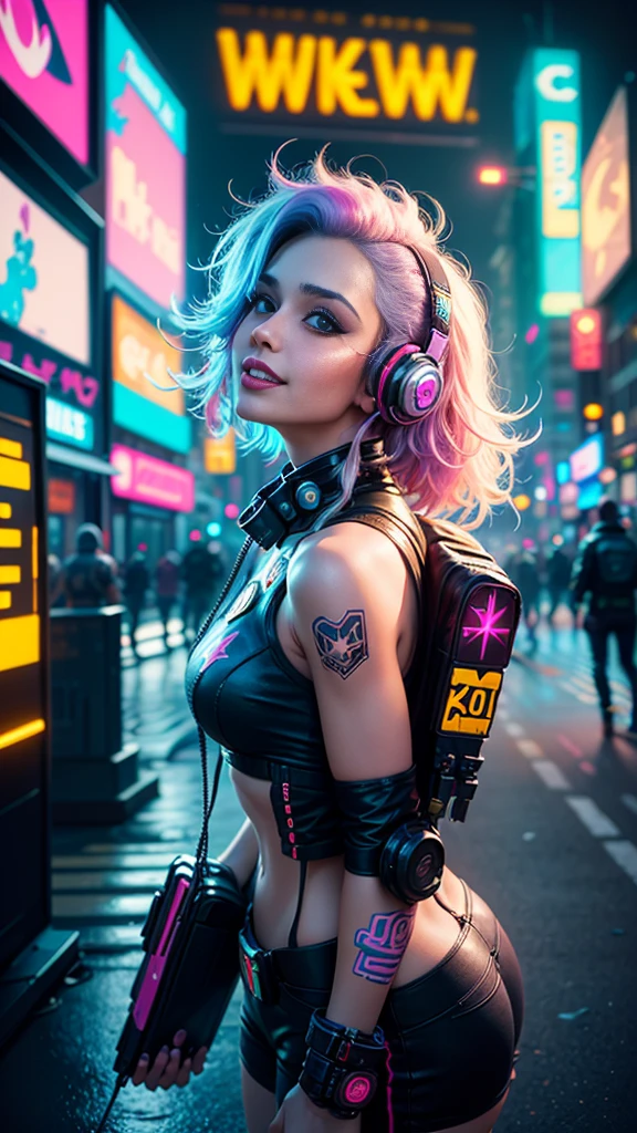 (1 cyberpunk girl in a colorful Harajuku style pop outfit)), (((Looking up))), cowboy shot, wind, messy hair, ((Cyberpunk 2077 cityscape)), (Cyberpunk aesthetics and atmosphere:1.3), (Blade Runner), bright colors, smiling, ((cinematic lighting))
Headphones Nightclub