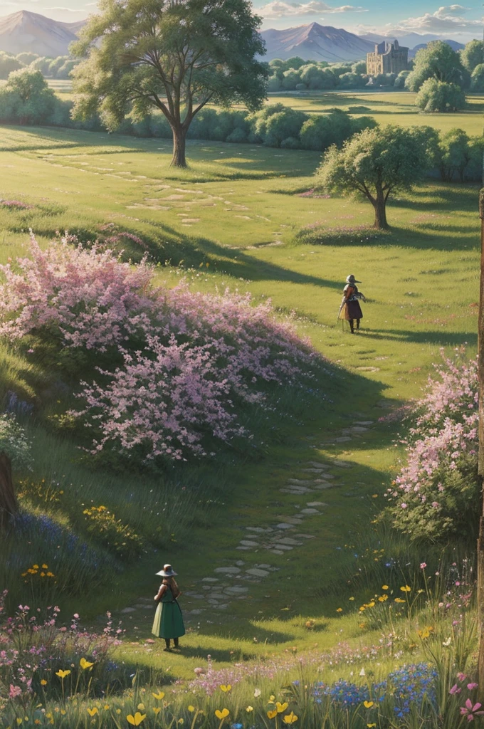 A painting of a spring landscape., green grass, wild flowers, a pokemon trainer in medieval clothing, early morning light, in front of a kingdom in ruins.