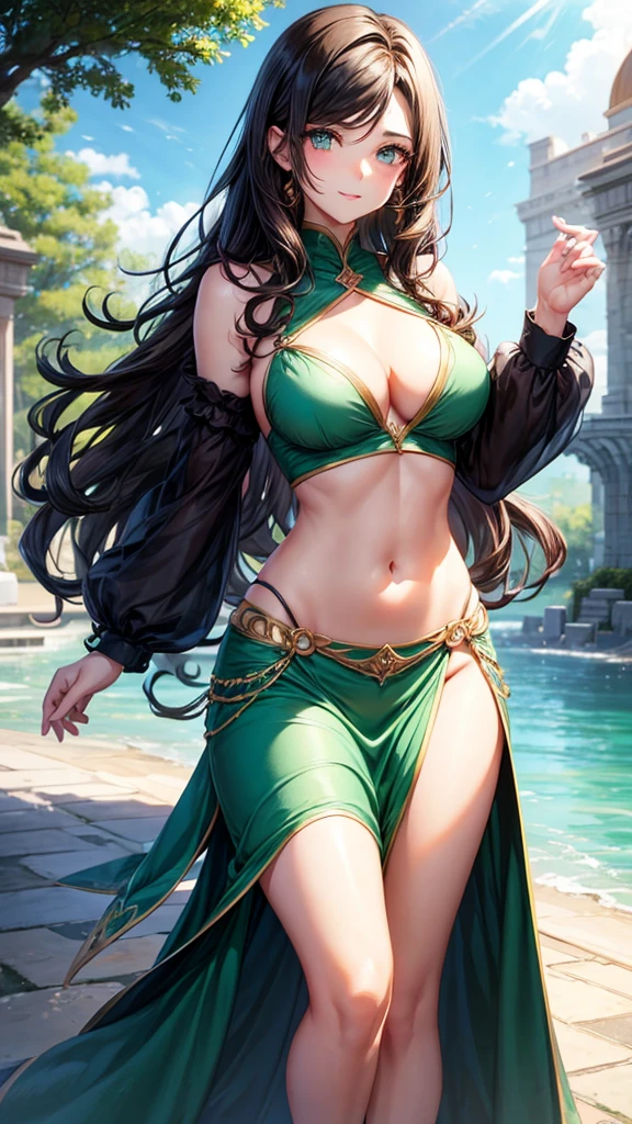 Beauty, feminine male. Medium length, dark, wavy hair. Bright green eyes. Patite, short, curvy body.