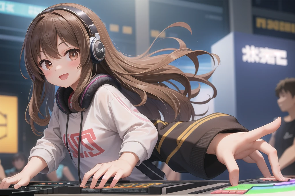 One girl, alone, 20-year-old, Brown eyes, Brown Hair, Long, beautiful wavy hair, smile, Nice casual clothes, grassland, headphone, Detailed DJ equipment, djing, masterpiece, Fine Fingers, 最high quality:1.4, high quality, detailed,