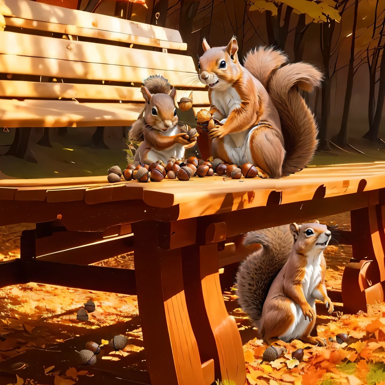 (8K, 16K, Awards, Highest quality, High resolution, Very detailed,Anatomically correct, Realistic, RAW Photos, Tabletop: 1.1),
(squirrel:1.5),二匹のsquirrelはベンチの上,Holding an acorn with both hands and biting into it