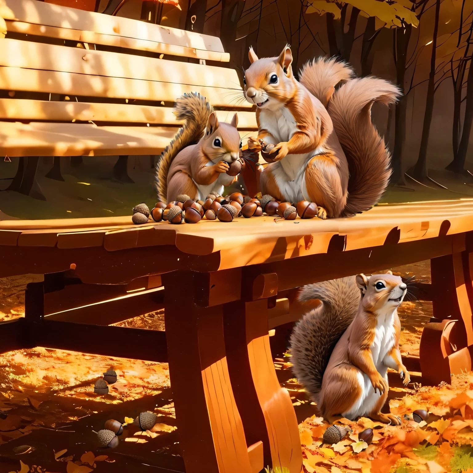 (8K, 16K, Awards, Highest quality, High resolution, Very detailed,Anatomically correct, Realistic, RAW Photos, Tabletop: 1.1),
(squirrel:1.5),二匹のsquirrelはベンチの上,Holding an acorn with both hands and biting into it