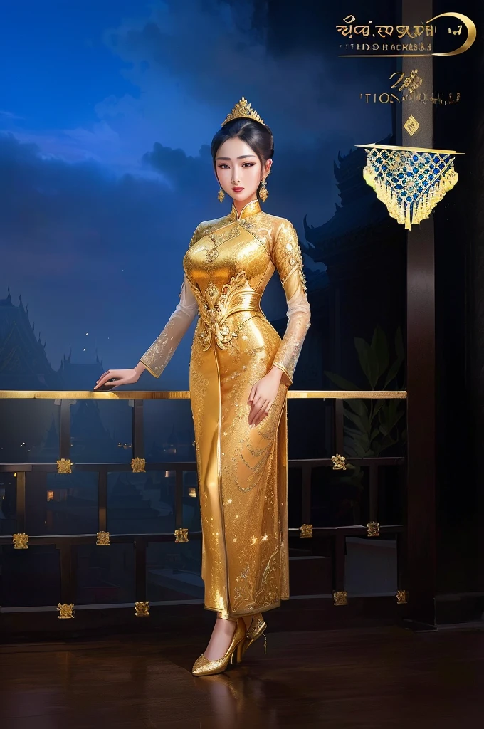 arafed woman in a golden dress standing on a balcony, sukhothai costume, ao dai, in style of thawan duchanee, in style of lam manh, traditional dress, wearing an evening gown, royal dress, traditional beauty, wearing an ornate outfit, golden dress, royal gown, wearing long gown, royal elegant pose
