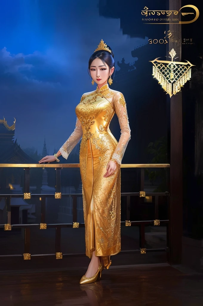 arafed woman in a golden dress standing on a balcony, sukhothai costume, ao dai, in style of thawan duchanee, in style of lam manh, traditional dress, wearing an evening gown, royal dress, traditional beauty, wearing an ornate outfit, golden dress, royal gown, wearing long gown, royal elegant pose