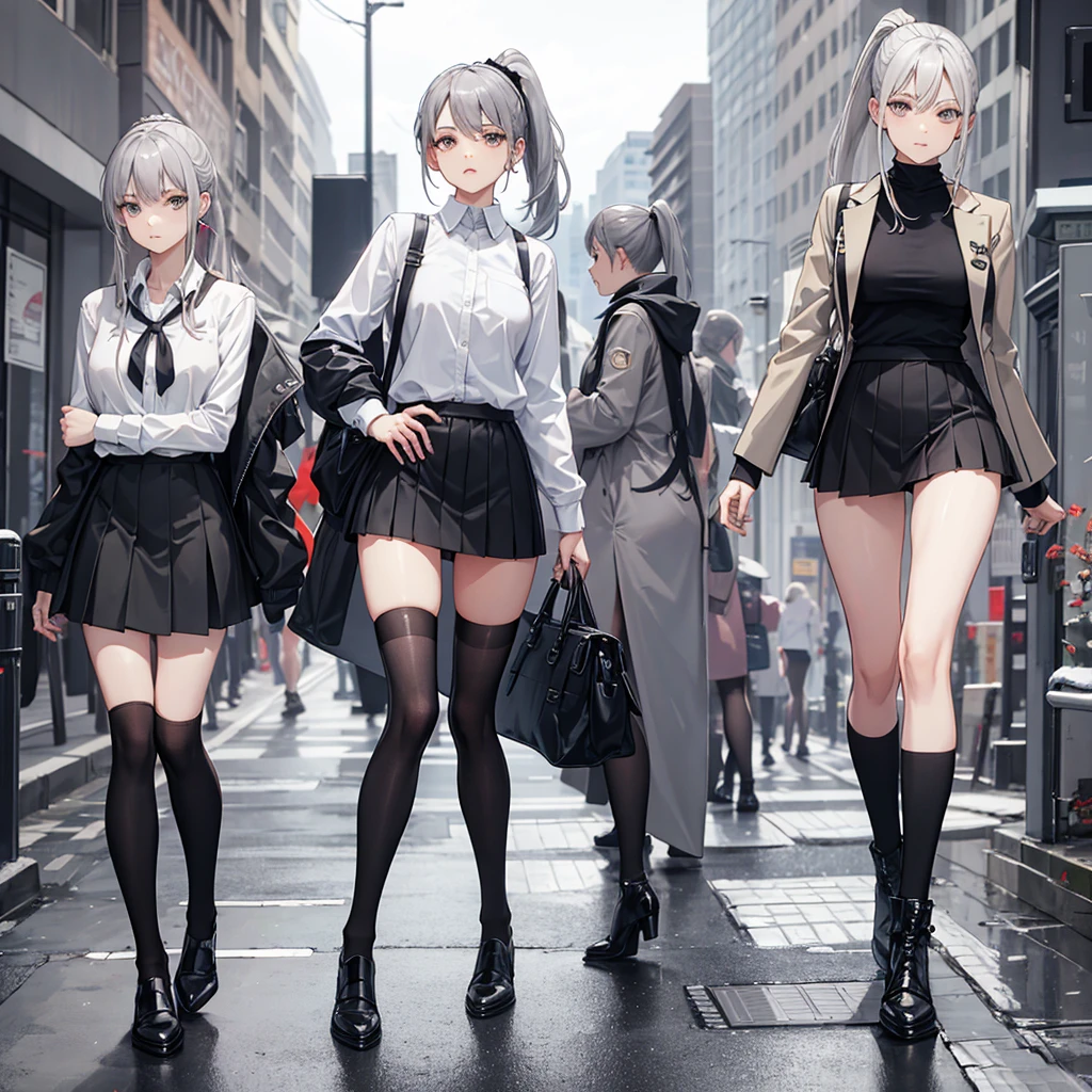 Short skirt, gray hair, biting lip, ponytail, long legs
