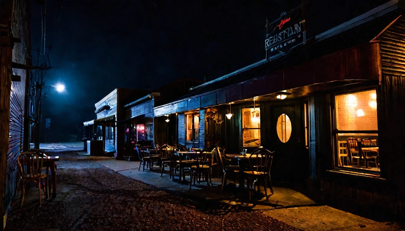 small town, view of the restaurant from the front, dark, sinister night, no people in the room