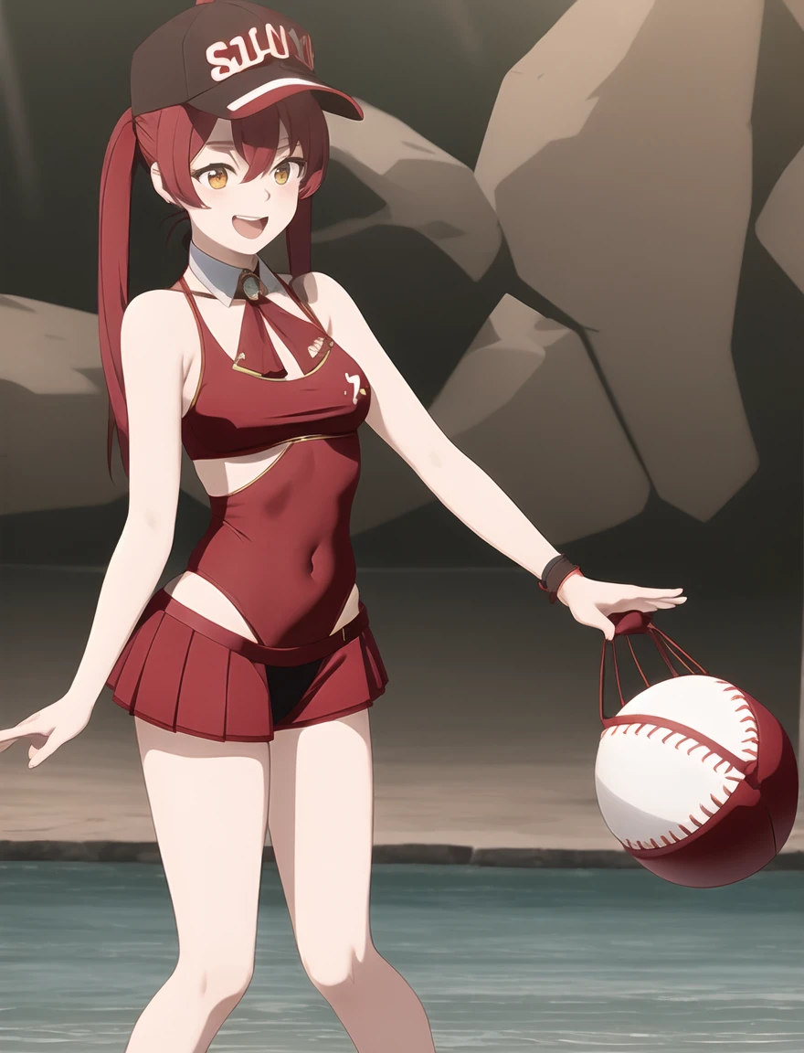 houshouBikini, heterochromia, red eyes, yellow eyes, ponytail, long hair, jewelry, baseball cap, sunglasses, eyewear on headwear, black jacket, open jacket, white shorts, short shorts, red bikini, string bikini, o-ring thigh strap
masterpiece, best quality, highres, bbmarine, twintails, heterochromia, red ascot, bare shoulders, red shirt, bare arms, sleeveless, see-through, (leotard under clothes:1.2), covered navel, belt, pleated skirt, red skirt, black thighhighs, smile, waving, open mouth, outdoors