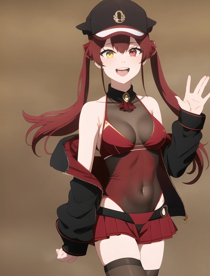 houshouBikini, heterochromia, red eyes, yellow eyes, ponytail, long hair, jewelry, baseball cap, sunglasses, eyewear on headwear, black jacket, open jacket, white shorts, short shorts, red bikini, string bikini, o-ring thigh strap
masterpiece, best quality, highres, bbmarine, twintails, heterochromia, red ascot, bare shoulders, red shirt, bare arms, sleeveless, see-through, (leotard under clothes:1.2), covered navel, belt, pleated skirt, red skirt, black thighhighs, smile, waving, open mouth, outdoors