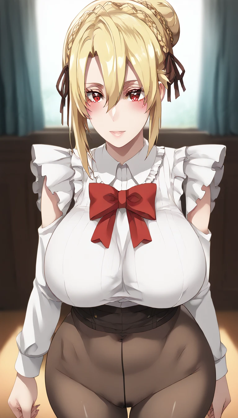 score_9, score_8_up, score_7_up, score_6_up, uncensored, angelica, blonde hair, Crown Braid, hair bun, red eyes, BREAK (masterpiece:1.2), best quality, high resolution,(detailed eyes:1.3), perfect lighting,(perfect hands, perfect anatomy), large breasts, , miniskirt, pantyhose, dynamic pose