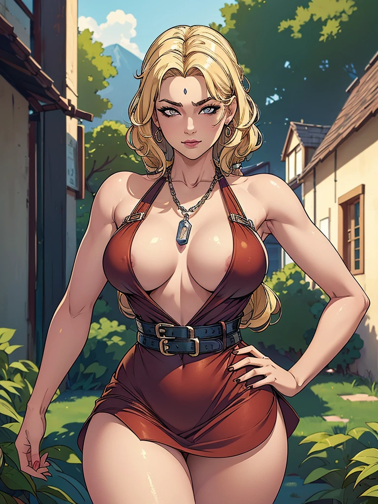 Best quality, 4k, high resolution, body stuck dress, perfect smile, gorgeous, light skin, ahegao face(hentai face) ,blonde hair, wearing bodystuck short dress,(short sheeves), clothes are stuck in body, bodyfit outfit,1 girl, solo, seductive look, elegance and charm, (masterpiece, best quality, high resolution), looking at the viewer, standing, (intricate and beautiful:1.2), (detailed light:1.2), (soft light, side light), (high resolution textures) , holding leash in hand(chain leash), outdoor, Burmese girl,wearing bodcorn dress(red colour) with whitw line ,wearing gorgeous jewelary, wearing harness over the outfit ,outdoor background, sun light, attractive, sexy, mature and hot, young,(masterpiece:1.3), (disorganized:1.3), (highest quality:1.3), perfect anatomy, detailed face, front view, perfect right hands, looking at viewer, (Super detailed:1.3), (best shadow:0.7), (treated hair), fine eyes, beautiful eyes, young aged woman, alone, standing, crystal earrings,closed_mouth, , outdoors,Thick thighs, arrogant face, small