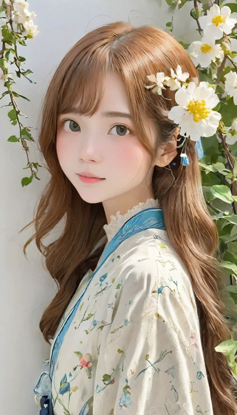 (((Simple configuration)))、(((The background is a white wall:1.2)))、One Girl、14 years old、Perfect Anatomy、絵のようにbeautiful、sketch、Very delicate、Cloud-like wall、、Floral、Delicate depiction、Abstract、Bright colors overall、Gentle color、Taisho romance、(masterpiece、highest quality、highest quality、Official Art、beautiful, beautiful:1.2)、