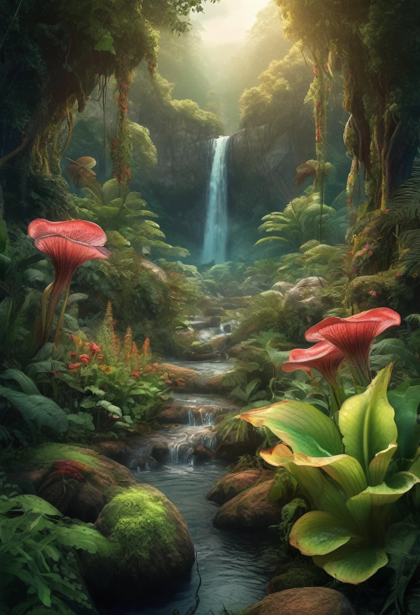 (create image of zombie and carnivorous plants:1.5),(best quality,4k,8k,highres,masterpiece:1.2),ultra-detailed,(realistic,photorealistic,photo-realistic:1.37),, ,vibrant colors, breathtaking scenery, natural habitat, tropical rainforest, towering trees, lush vegetation, misty atmosphere, golden sunlight streaming through the dense canopy, sweeping panoramic view, majestic mountains in the distance, cascading waterfalls, serene river flowing through the forest, exotic flowers blooming in a riot of colors, diverse wildlife, tranquil sounds of nature, a sense of peace and harmony, rare and endangered species, hidden treasures waiting to be explored, a sense of awe and wonder, an immersive and captivating experience, an invitation to appreciate the beauty and diversity of the natural world, ((cores vibrantes))