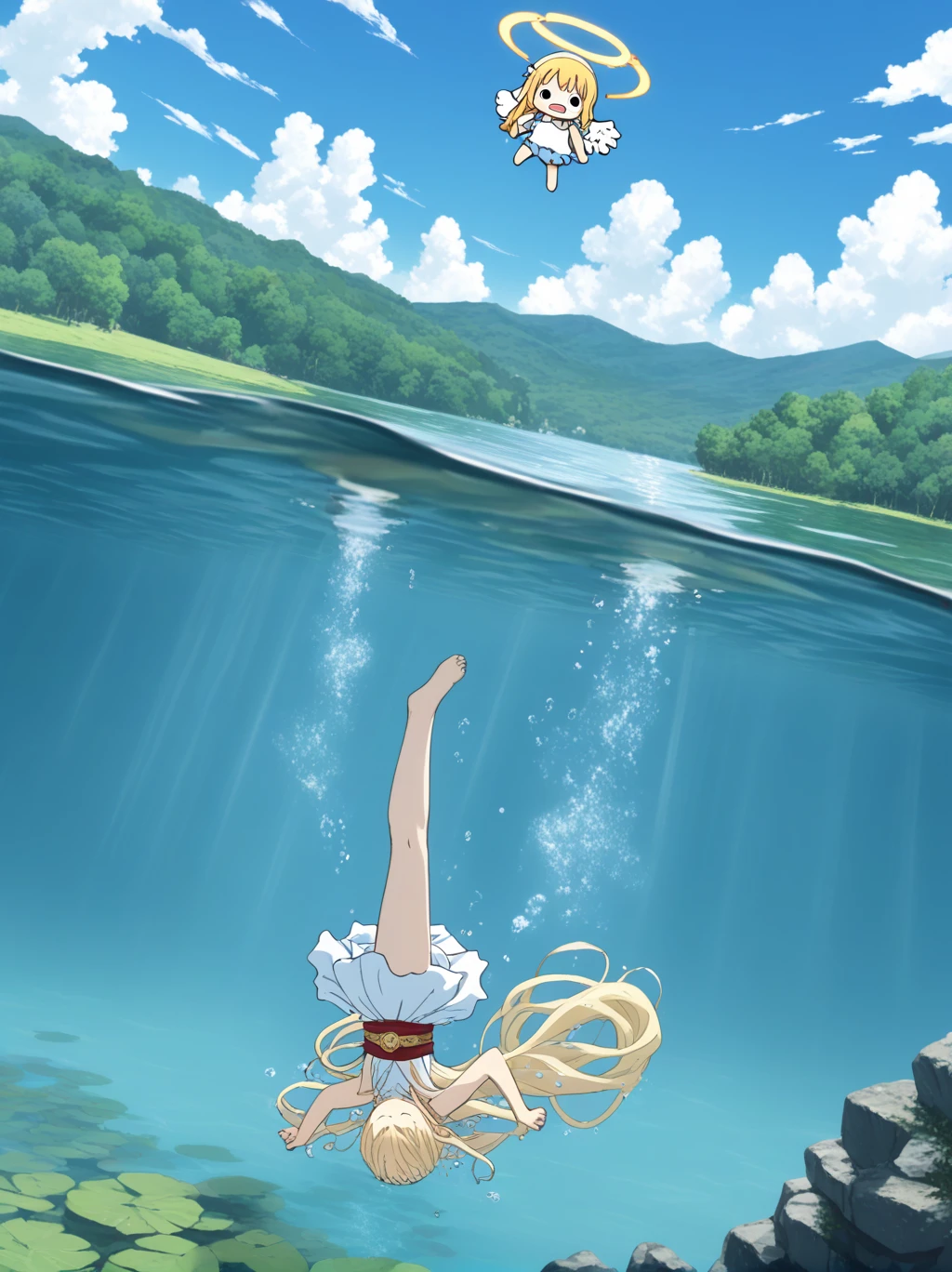 partially underwater, lakeの女神, Long Hair, Wet Hair,lake,8-year-old、Flat Chest、one piece、Above the water line from the neck、Body in water, ,The skirt flips up due to buoyancy、Angel Halo、Falling from the Sky
