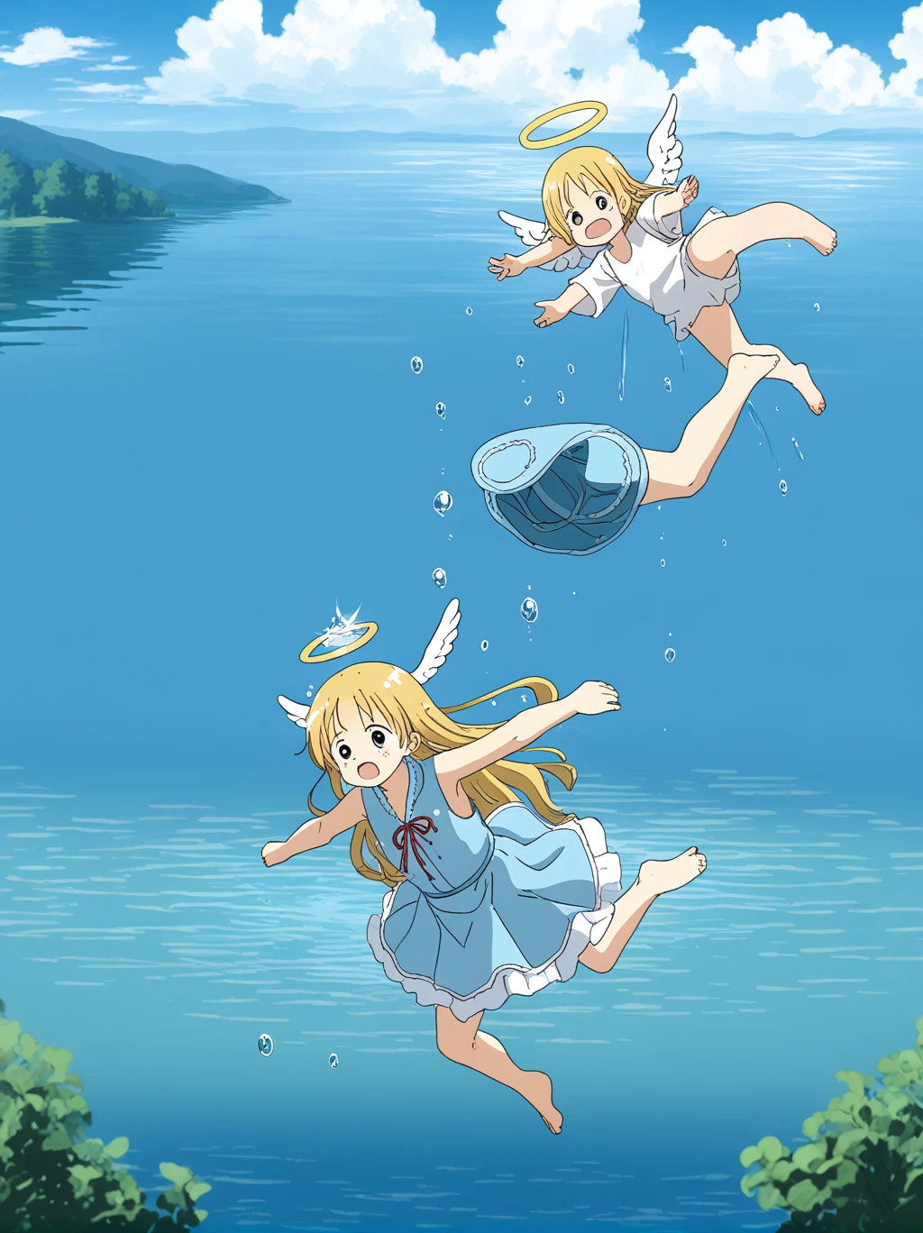 partially underwater, lakeの女神, Long Hair, Wet Hair,lake,8-year-old、Flat Chest、one piece、Above the water line from the neck、Body in water, ,The skirt flips up due to buoyancy、Angel Halo、Falling from the Sky