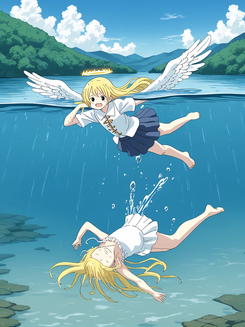 partially underwater, lakeの女神, Long Hair, Wet Hair,lake,8-year-old、Flat Chest、one piece、Above the water line from the neck、Body in water, ,The skirt flips up due to buoyancy、Angel Halo、Falling from the Sky