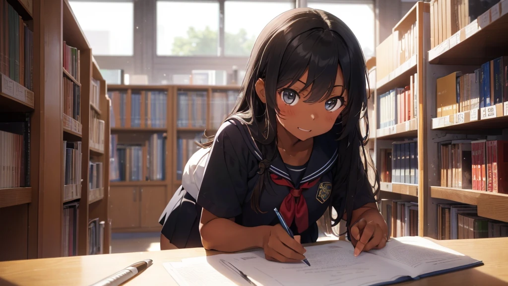 best god quality, Ultra-detailed, perfect Anatomy, (Draw a tomboy excitedly at a inside a college library), 1girl, is a excited beautiful tan girl, tomboy aesthetic, dark skin girl, tanline skin, (dark skin*2), (long black + wavy hair*1.2), (school girl outfit*1.2), Full limbs, complete fingers, groin, Beautiful hazel eyes, well-proportioned tan tomboy, smug eyes, student clothing, in a library, High resolution, Best lighting by professional AI, college library, studying students, looking at viewer, (((One girl in middle))), (((SOLO))), (library in background)