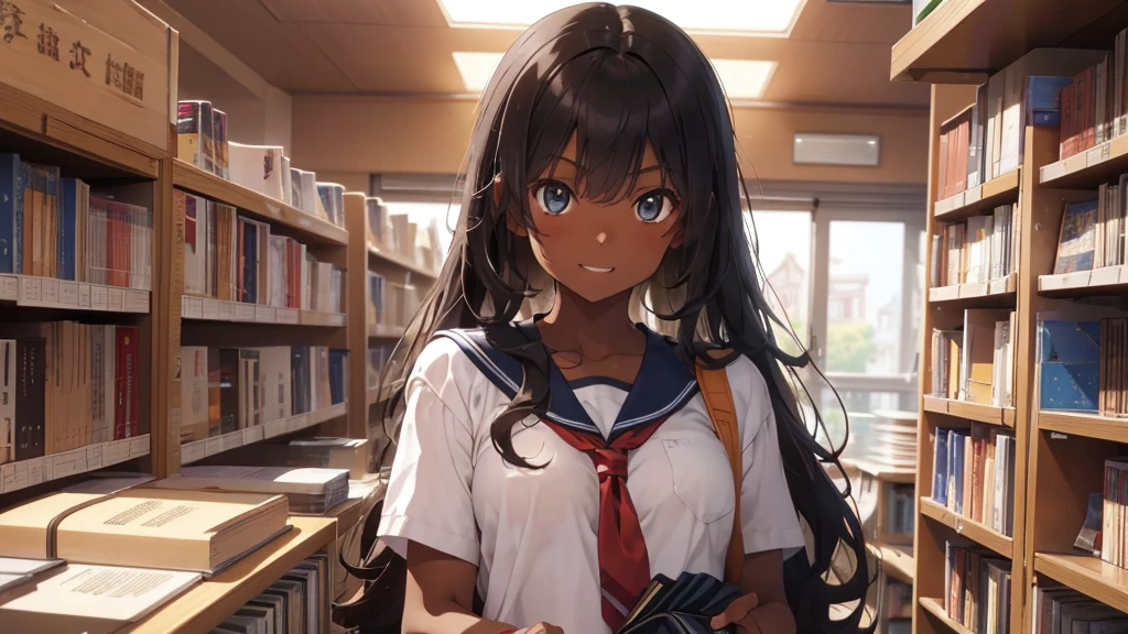 best god quality, Ultra-detailed, perfect Anatomy, (Draw a tomboy excitedly at a inside a college library), 1girl, is a excited beautiful tan girl, tomboy aesthetic, dark skin girl, tanline skin, (dark skin*2), (long black + wavy hair*1.2), (school girl outfit*1.2), Full limbs, complete fingers, groin, Beautiful hazel eyes, well-proportioned tan tomboy, smug eyes, student clothing, in a library, High resolution, Best lighting by professional AI, college library, studying students, looking at viewer, (((One girl in middle))), (((SOLO))), (library in background)
